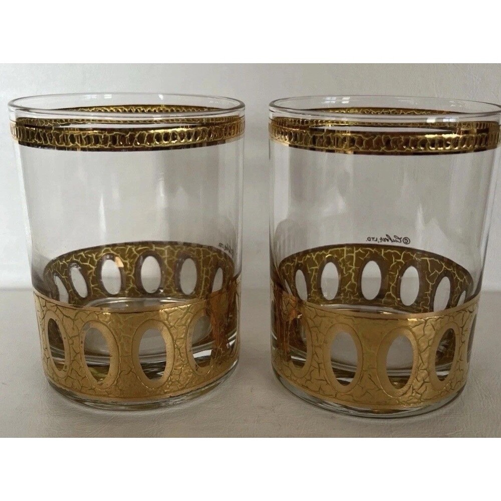 Culver Glass Antigua Rocks Lowball Whisky Glass MCM 22k Gold Crackle Set 2 Bar